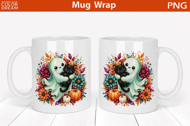 Cute Ghost and Black Cat | Halloween Mug Wrap