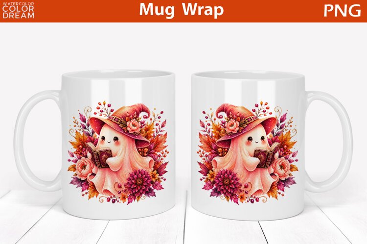 Cute Halloween Reading Ghost | Watercolor Mug Wrap example image 1