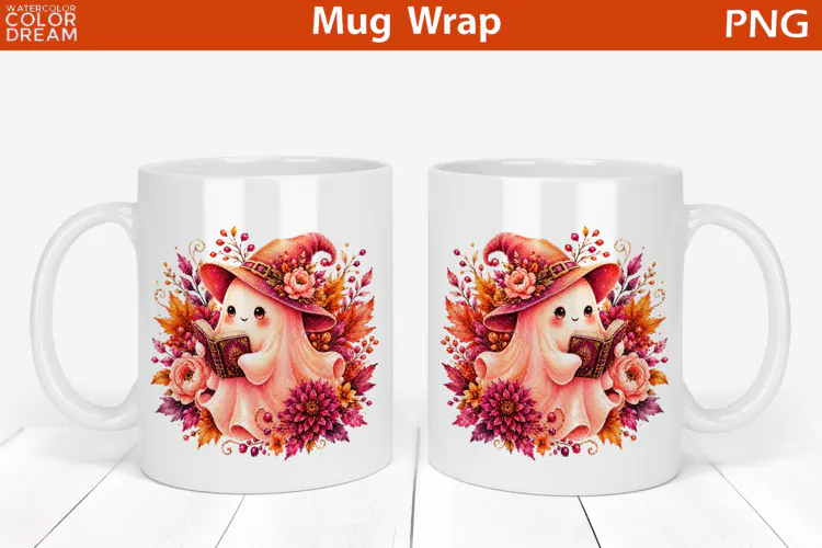 Cute Halloween Reading Ghost | Watercolor Mug Wrap