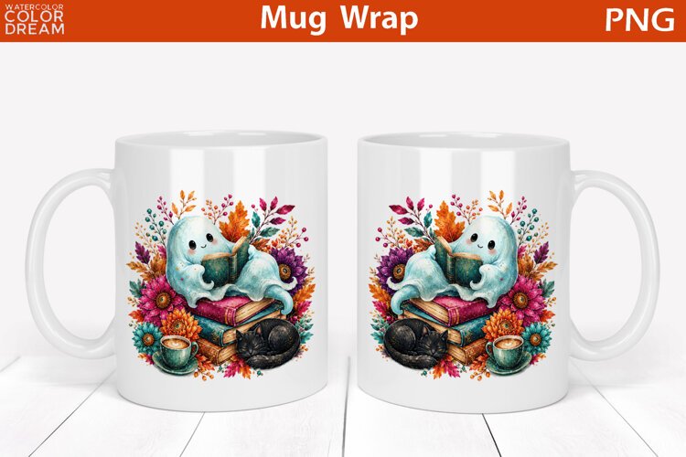 Cute Reading Ghost and Cat | Halloween Mug Wrap example image 1