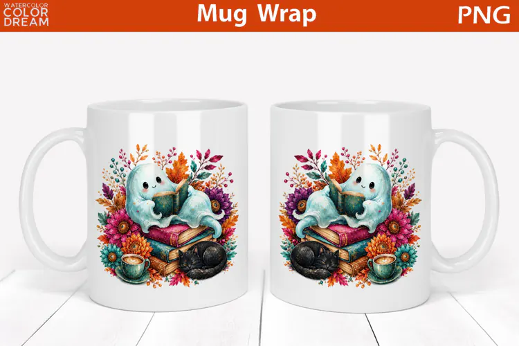 Cute Reading Ghost and Cat | Halloween Mug Wrap
