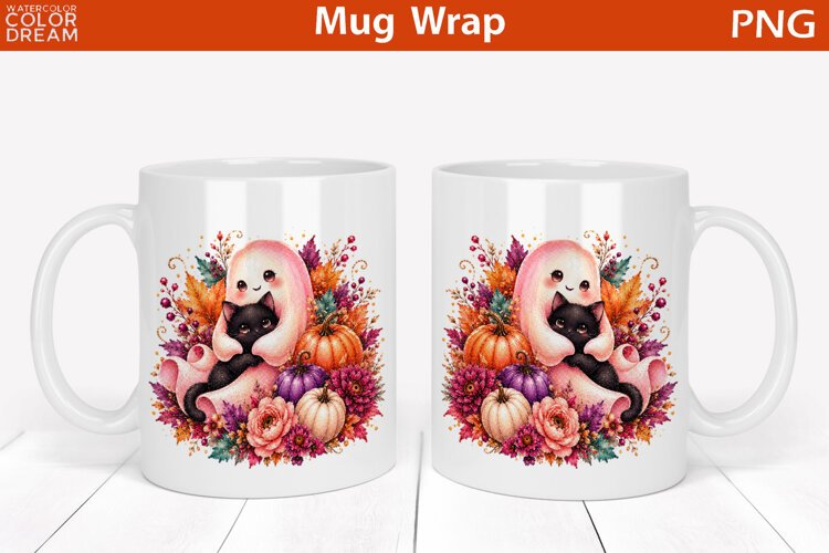 Cute Pink Ghost and Black Cat | Halloween Mug Wrap example image 1