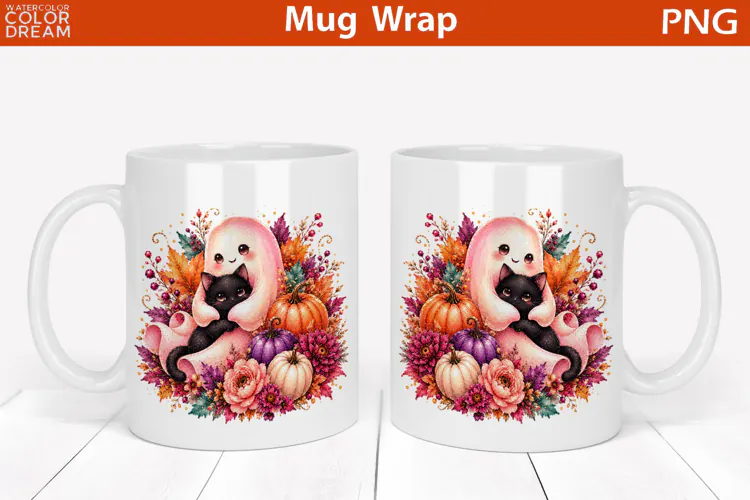 Cute Pink Ghost and Black Cat | Halloween Mug Wrap