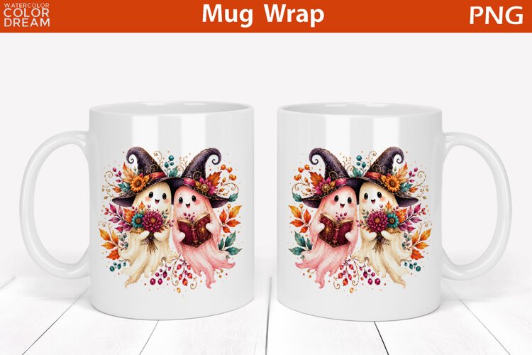 Cute Witch Ghosts Watercolor | Halloween Mug Wrap example image 1