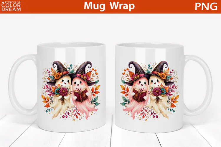 Cute Witch Ghosts Watercolor | Halloween Mug Wrap