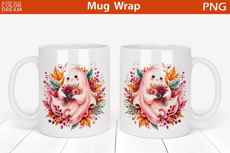 Cute Pink Halloween Ghost | Floral Mug Wrap example image 1