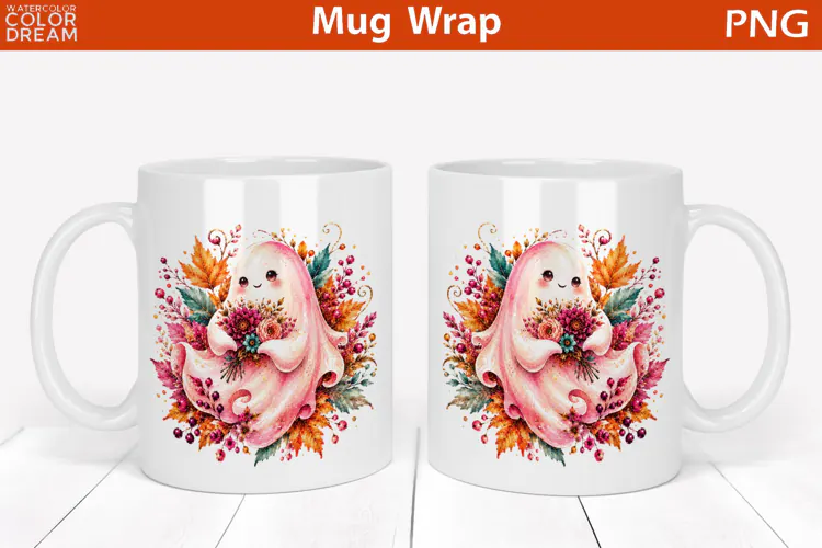 Cute Pink Halloween Ghost | Floral Mug Wrap