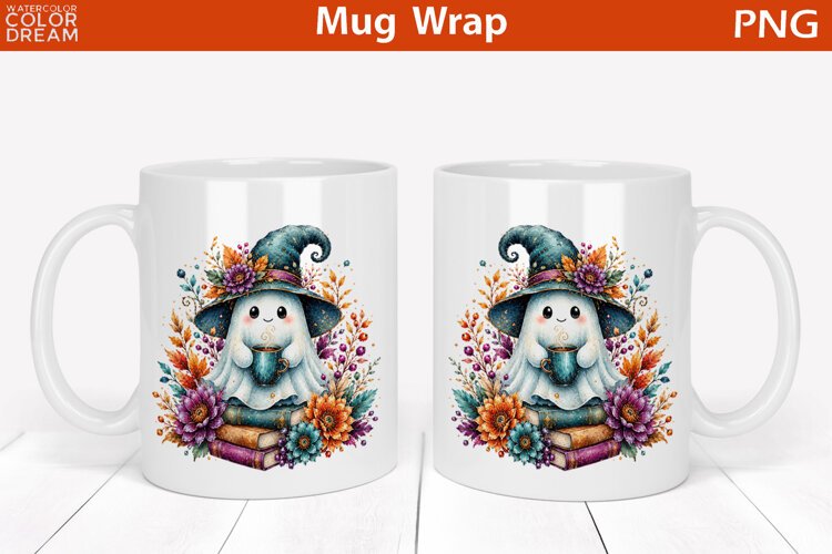 Cute Halloween Witch Ghost | Book Lover Mug Wrap example image 1