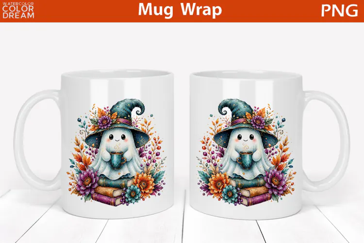 Cute Halloween Witch Ghost | Book Lover Mug Wrap