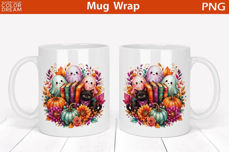 Cute Halloween Ghosts and Black Cat | Mug Wrap example image 1