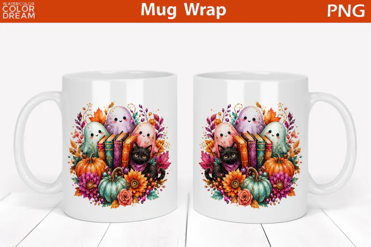Cute Halloween Ghosts and Black Cat | Mug Wrap