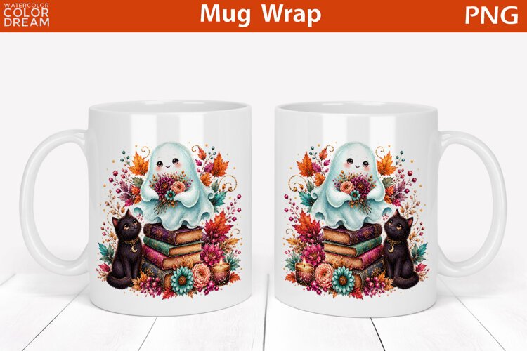 Cute Halloween Ghost and Black Cat | Floral Mug Wrap example image 1