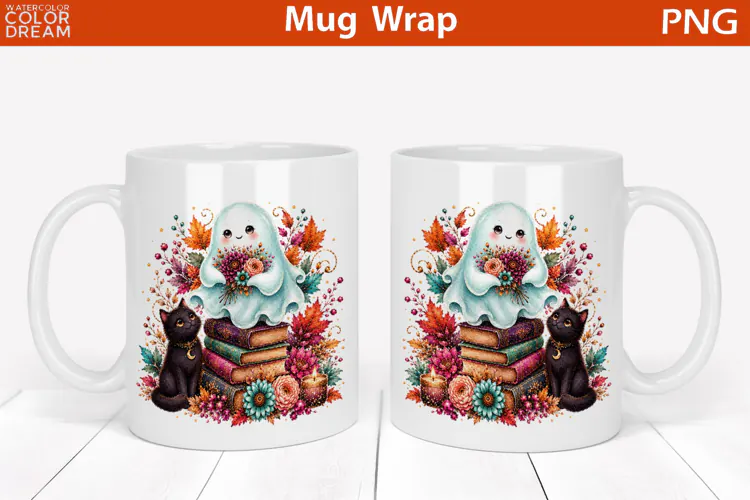 Cute Halloween Ghost and Black Cat | Floral Mug Wrap