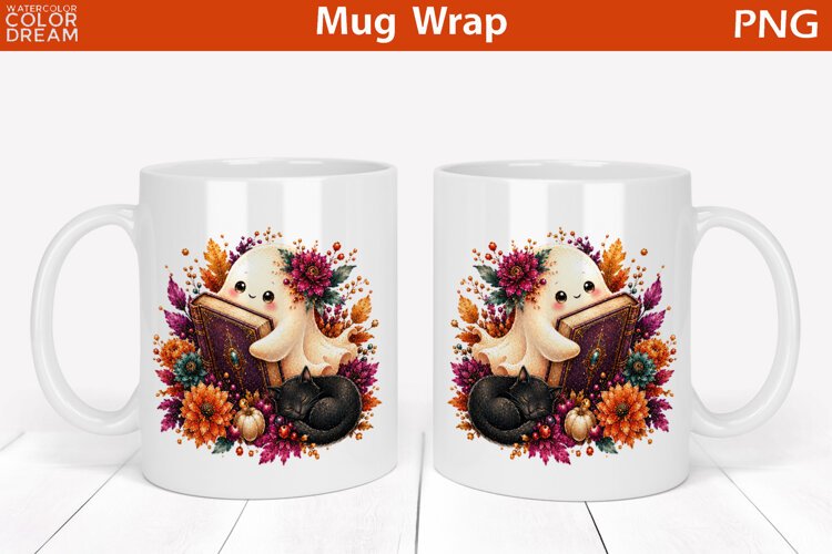 Cute Halloween Reading Ghost | Black Cat Mug Wrap example image 1