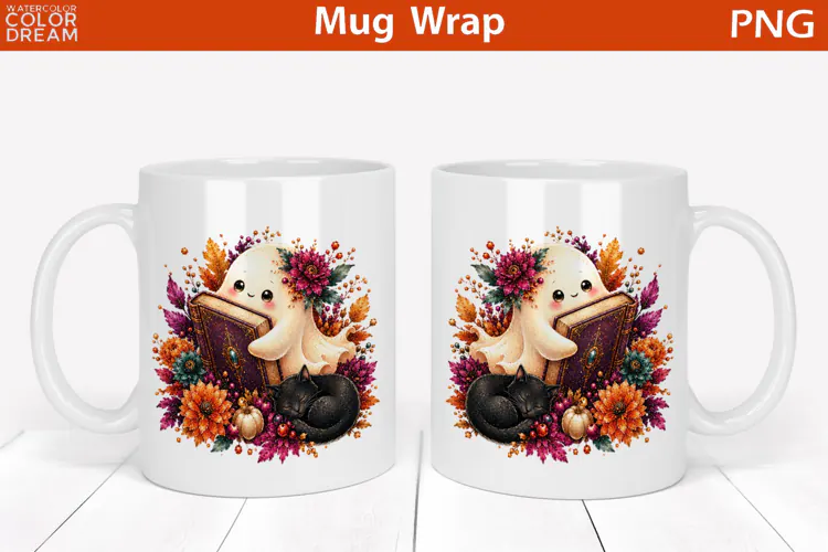 Cute Halloween Reading Ghost | Black Cat Mug Wrap