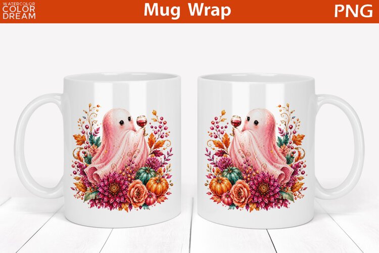 Cute Halloween Ghost with Wine | Floral Mug Wrap example image 1