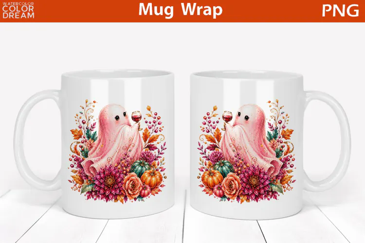 Cute Halloween Ghost with Wine | Floral Mug Wrap