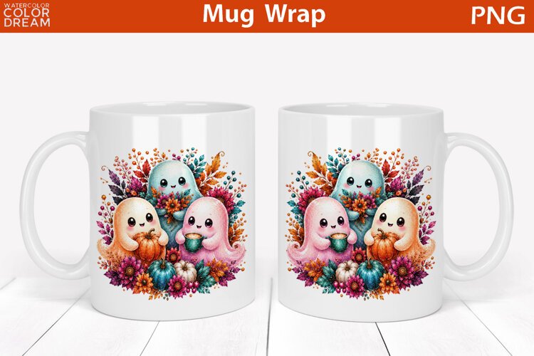 Cute Halloween Ghost Mug | Ghost Fall Floral Mug Wrap example image 1