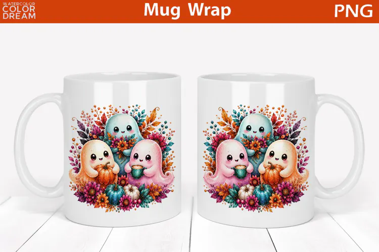 Cute Halloween Ghost Mug | Ghost Fall Floral Mug Wrap