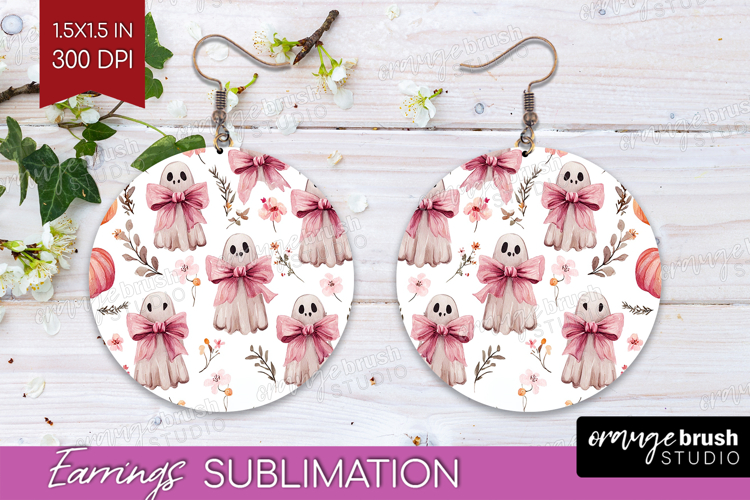 Cute Ghost Round Earrings - Spooky Halloween PNG Sublimation