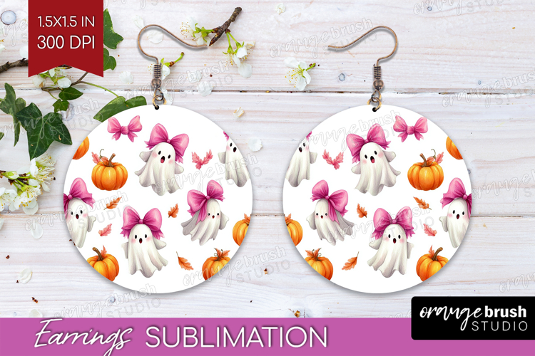 Cute Ghost Round Earrings - Spooky Halloween PNG Sublimation