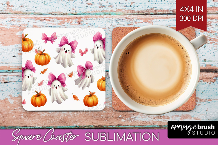 Cute Ghost Square Coaster - Spooky Halloween Coaster PNG