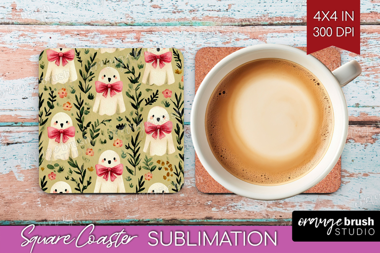 Cute Ghost Square Coaster - Spooky Halloween Coaster PNG