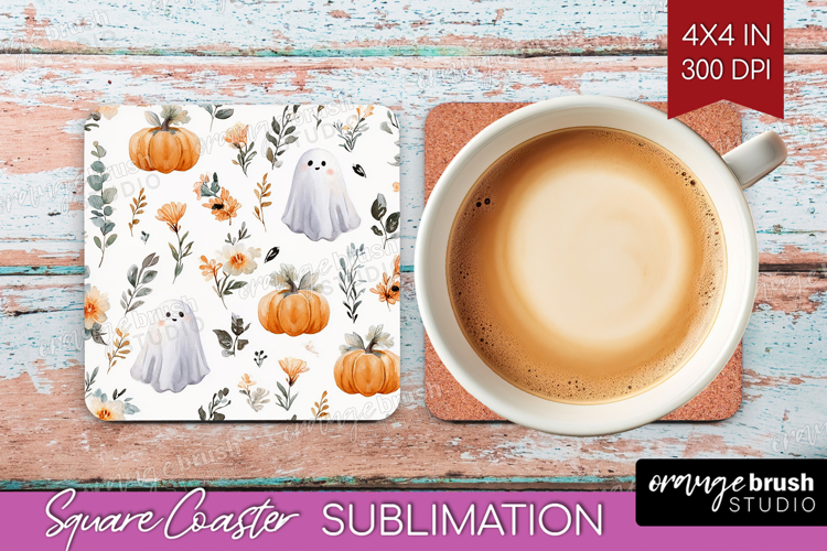 Cute Ghost Square Coaster - Spooky Halloween Coaster PNG