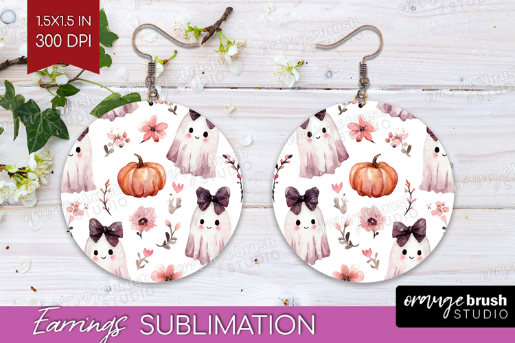 Cute Ghost Round Earrings - Spooky Halloween PNG Sublimation