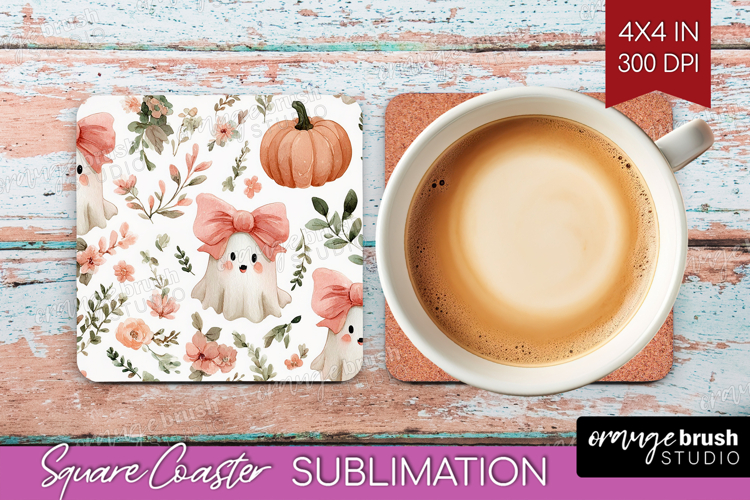 Cute Ghost Square Coaster - Spooky Halloween Coaster PNG