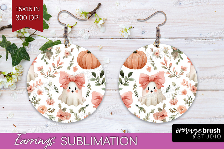 Cute Ghost Round Earrings - Spooky Halloween PNG Sublimation