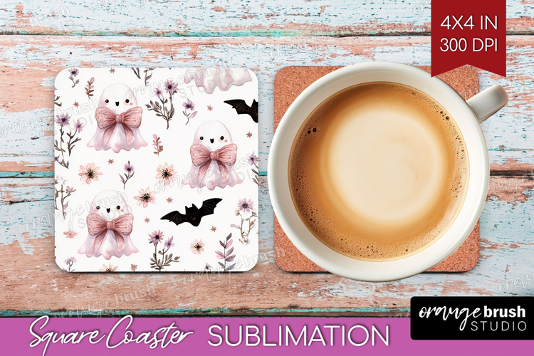 Cute Ghost Square Coaster - Spooky Halloween Coaster PNG