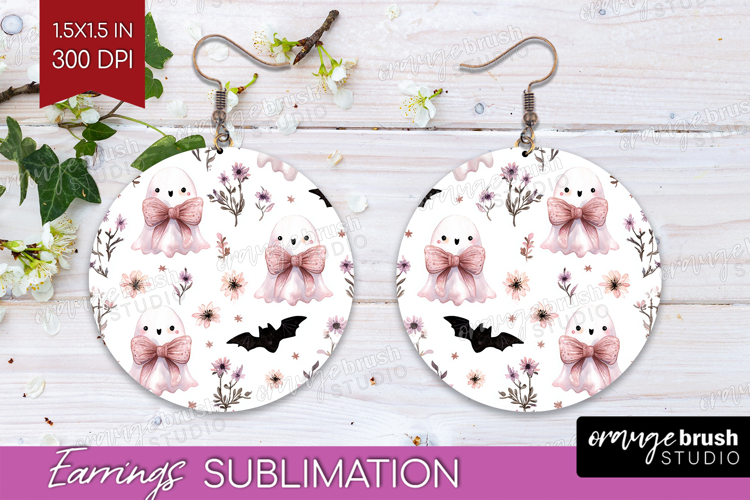 Cute Ghost Round Earrings - Spooky Halloween PNG Sublimation