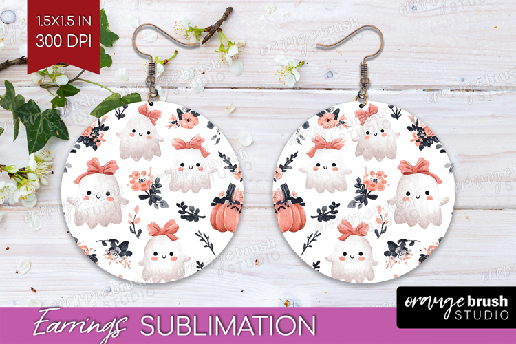Cute Ghost Round Earrings - Spooky Halloween PNG Sublimation