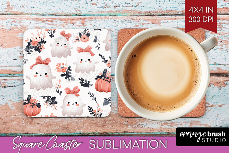 Cute Ghost Square Coaster - Spooky Halloween Coaster PNG