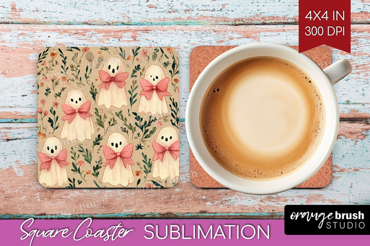 Cute Ghost Square Coaster - Spooky Halloween Coaster PNG