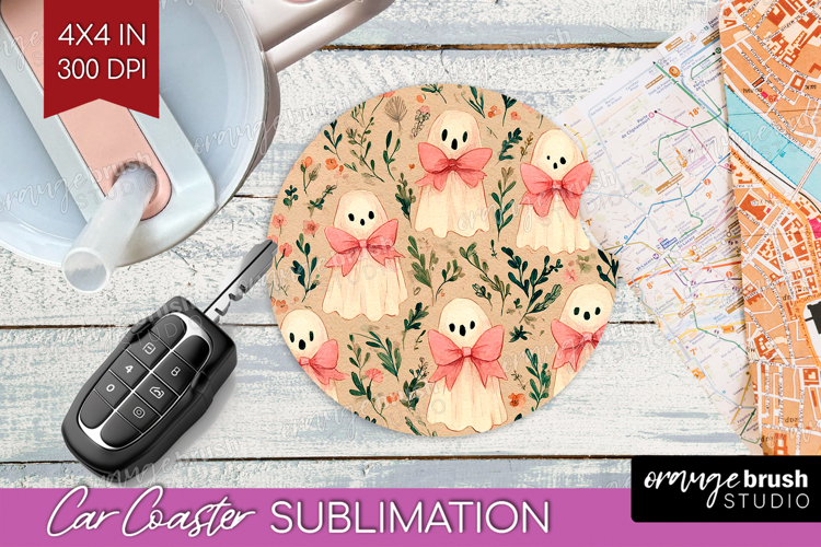 Cute Ghost Car Coaster - Spooky Halloween Coaster PNG