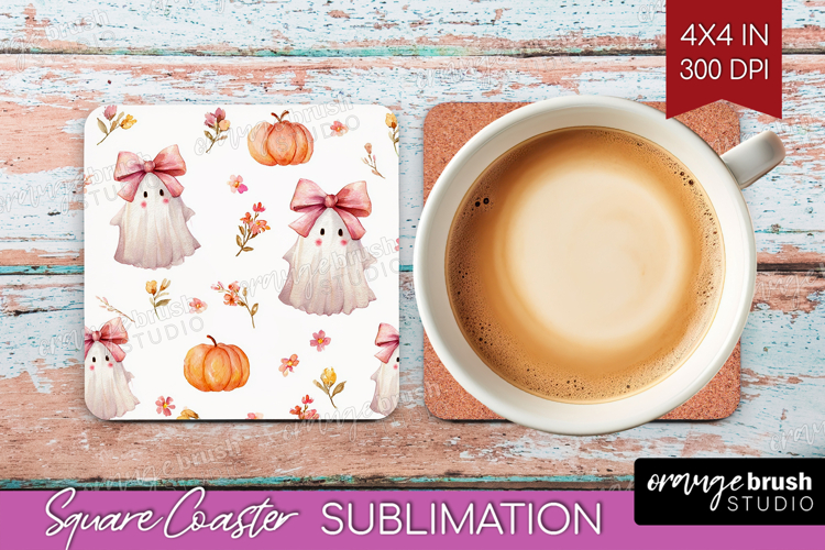 Cute Ghost Square Coaster - Spooky Halloween Coaster PNG