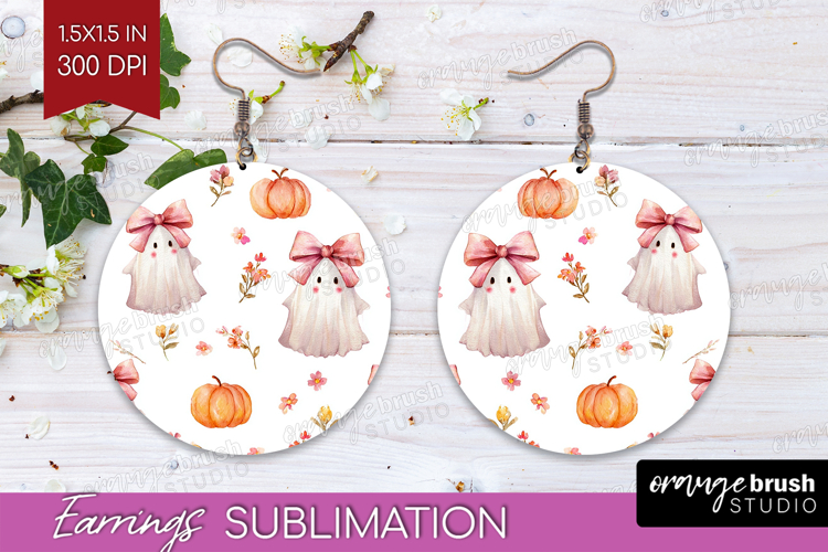 Cute Ghost Round Earrings - Spooky Halloween PNG Sublimation