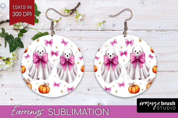 Cute Ghost Round Earrings - Spooky Halloween PNG Sublimation