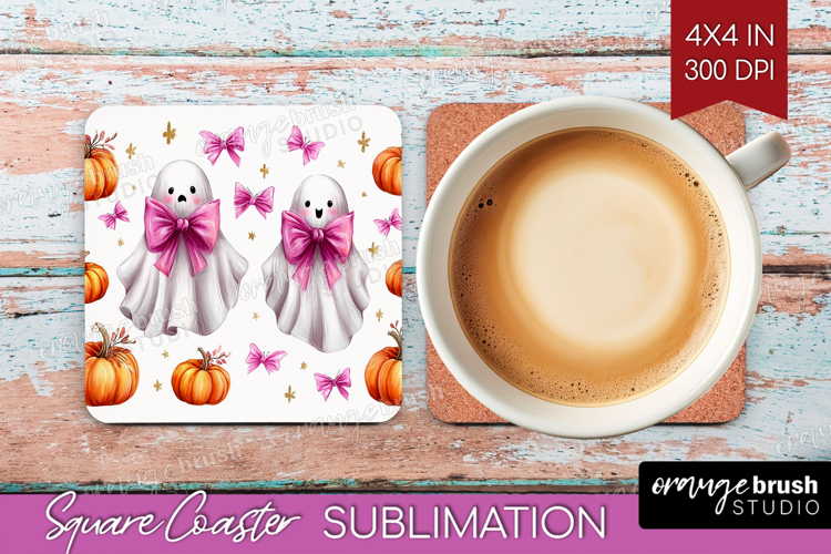 Cute Ghost Square Coaster - Spooky Halloween Coaster PNG