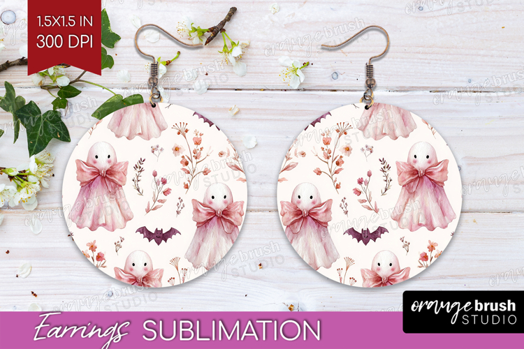 Cute Ghost Round Earrings - Spooky Halloween PNG Sublimation