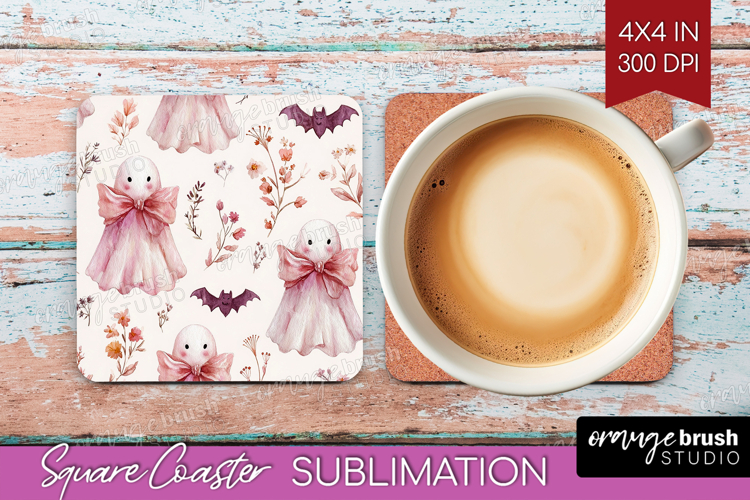 Cute Ghost Square Coaster - Spooky Halloween Coaster PNG
