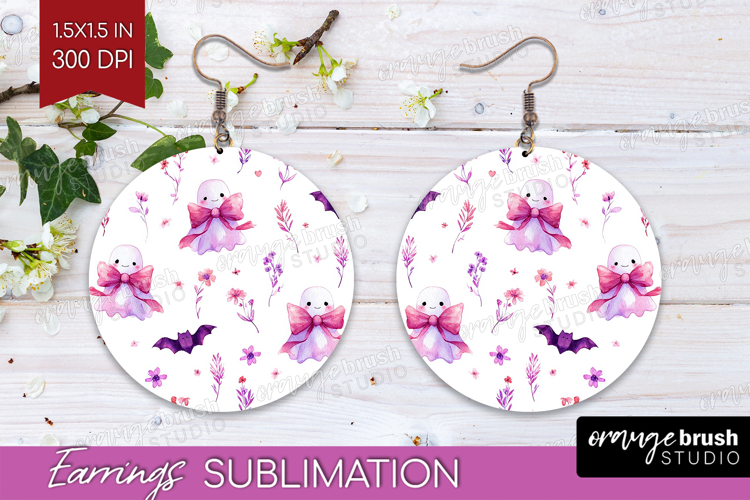 Cute Ghost Round Earrings - Spooky Halloween PNG Sublimation