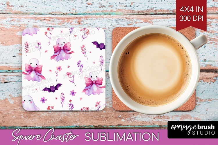 Cute Ghost Square Coaster - Spooky Halloween Coaster PNG