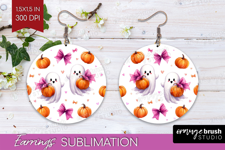 Cute Ghost Round Earrings - Spooky Halloween PNG Sublimation