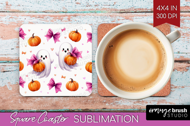 Cute Ghost Square Coaster - Spooky Halloween Coaster PNG