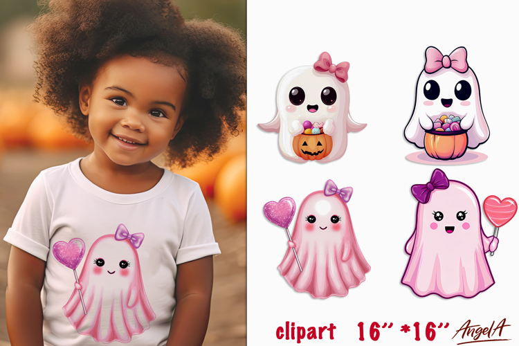 Pink ghost with bow, treats pastel Halloween Boo clipart PNG