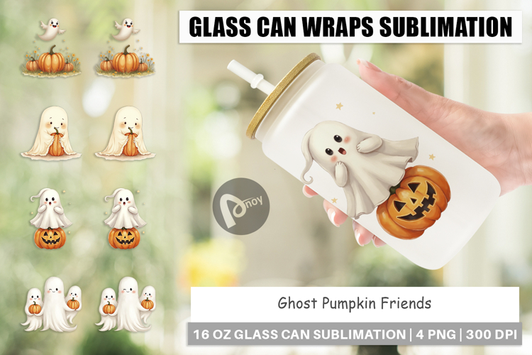 Glass Can Watercolor Ghost Pumpkin Friends