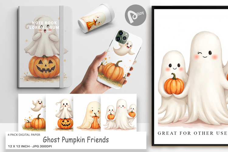 Digital Paper Watercolor Ghost Pumpkin Friends